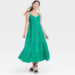 Universal Thread Light Spun 100% Cotton Green Tiered Button Down Dress